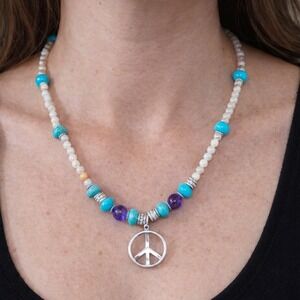 Vintage Peace Sign Necklace Turquoise Beads Amethyst Accent Pendant